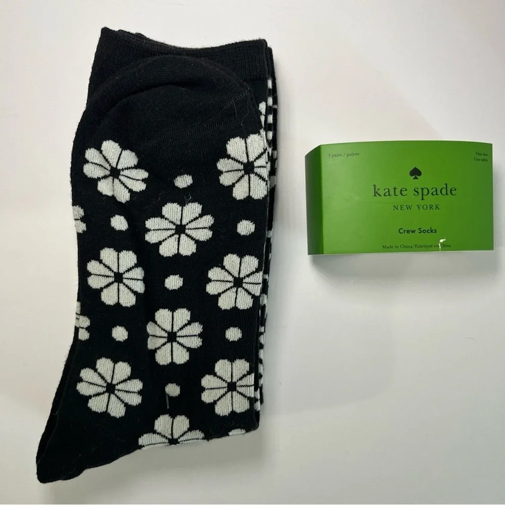 NWT Kate Spade Crew Socks 3 Pack One Size 4-10 Black White Striped Flower Animal - Picture 4 of 8